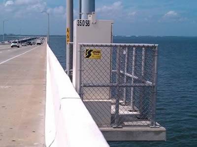 A electric power box beside cross-sea bridge and stretches out to the sea was surrounded by chain link fence.