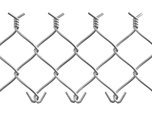 A piece of commercial aluminum coated chain link fence with knuckled and twisted (barbed) edge.