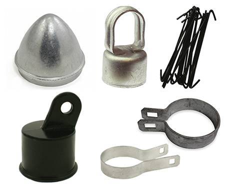 Accessories, including post cap, brace band, line post cap, tension band, fence ties for chain link fence installation.