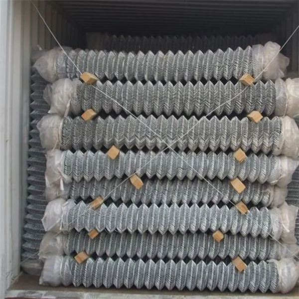 Chain link fence roll spaced with wooden sticks in the container.