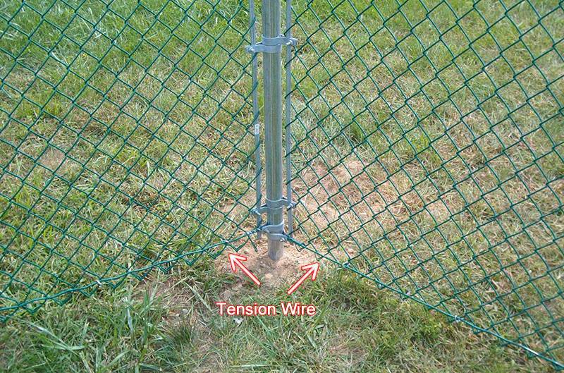 Tension wire of farm chain link fencing add security.
