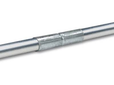 Galvanized top rail sleeve joining two unswedged rails together.
