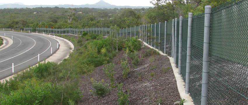 A highway in the forest, its one side is green chain link fence to stop lush branches extended to the highway.