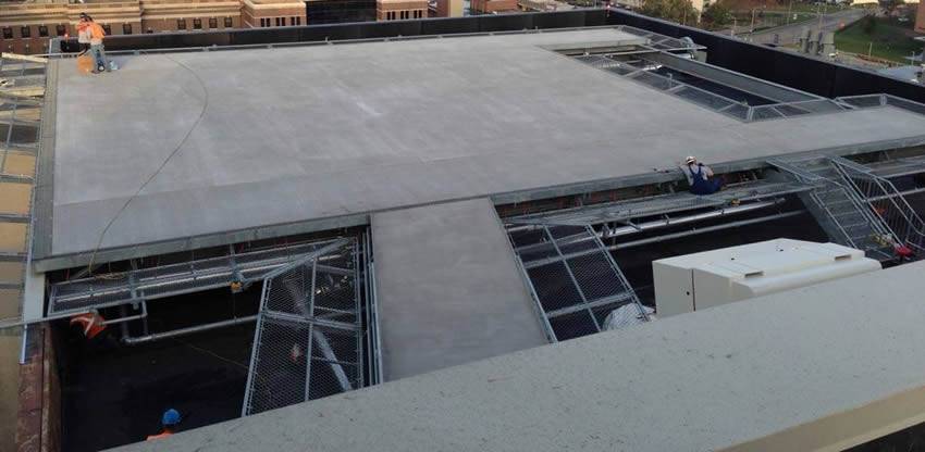 Totally panoramic view of helicopter roof pad.