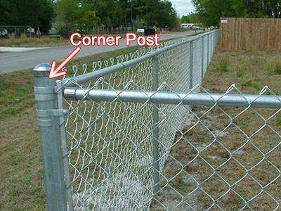 Galvanized corner post of residential chain link fence.