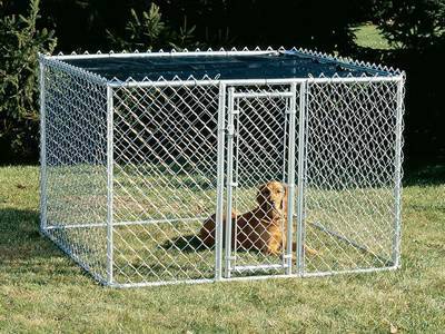 Small chain link dog kennel on the garden.